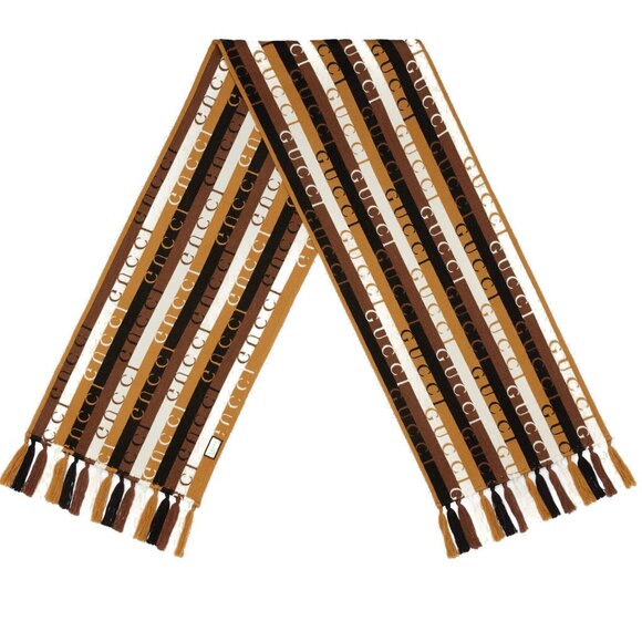 GUCCI SCARF 634166 LOGO STRIPED WOOL COTTON w FRINGE UNISEX 14.5" x 71" - Picture 5 of 16